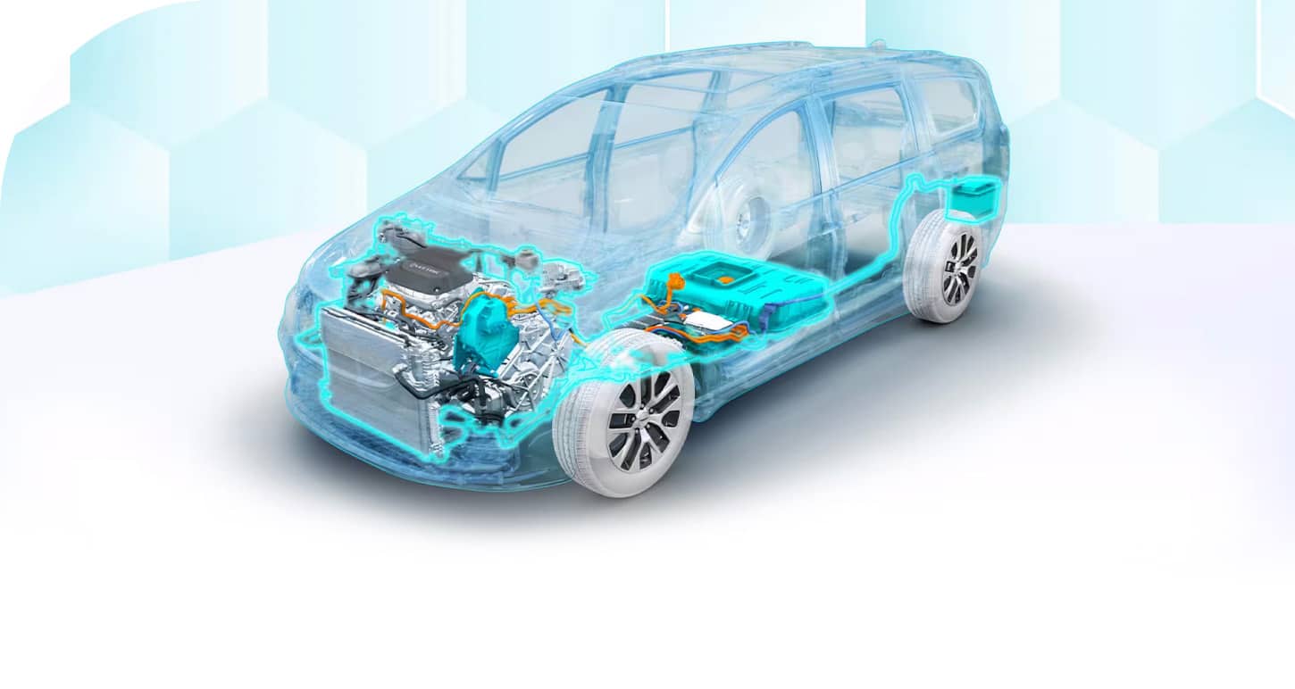 An under-the-skin illustration of the 2026 Chrysler Pacifica Plug-In Hybrid displaying its powertrain components.