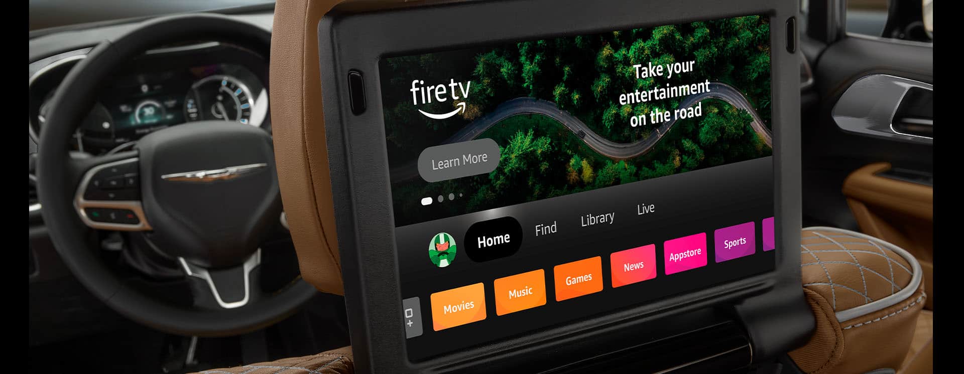 One of the dual front seatback-mounted touchscreens for second-row passengers in the 2025 Chrysler Pacifica, displaying Amazon FireTV.