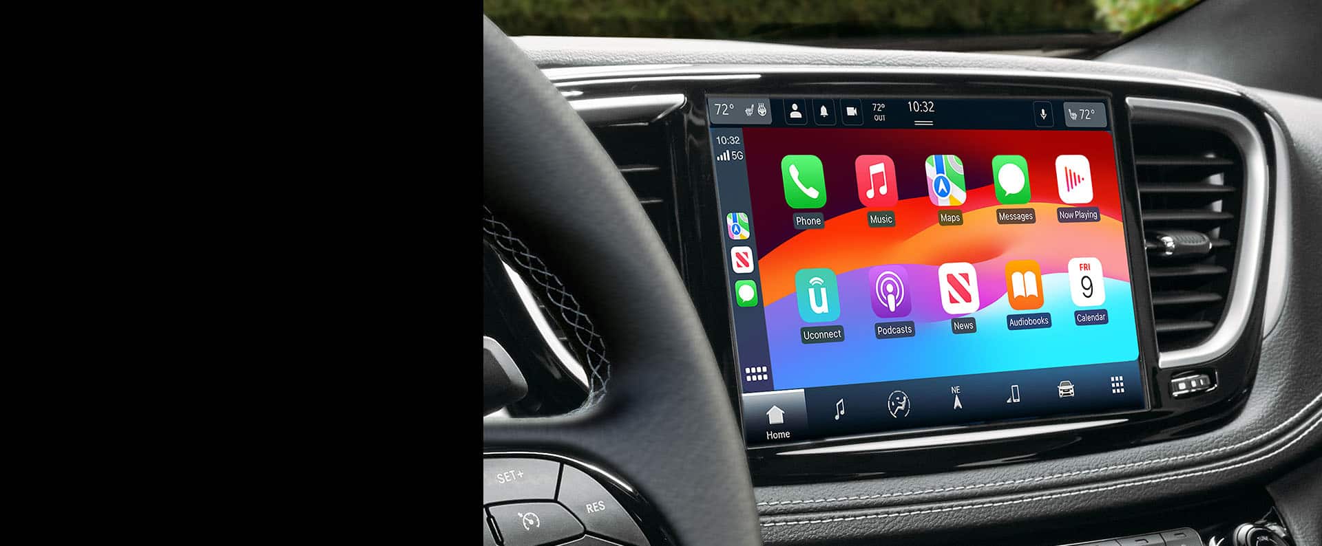 The Uconnect touchscreen in the 2025 Chrysler Pacifica, displaying a selection of Apple CarPlay widgets.