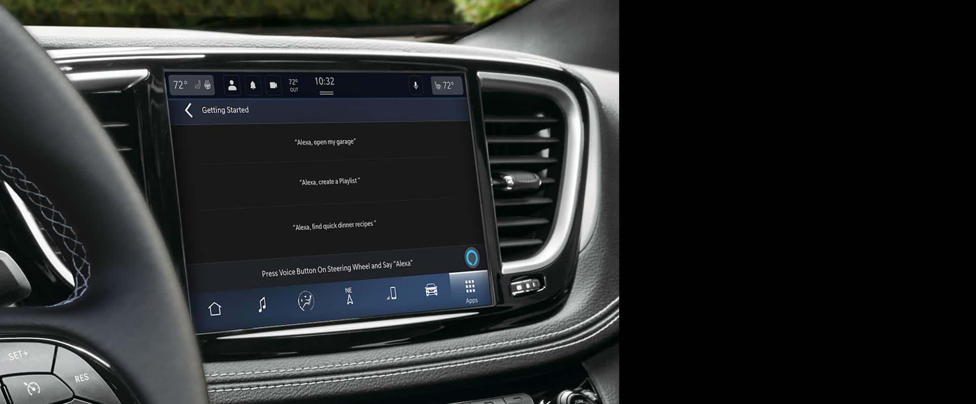 The Uconnect touchscreen in the 2025 Chrysler Pacifica, displaying the Amazon Alexa getting started page.