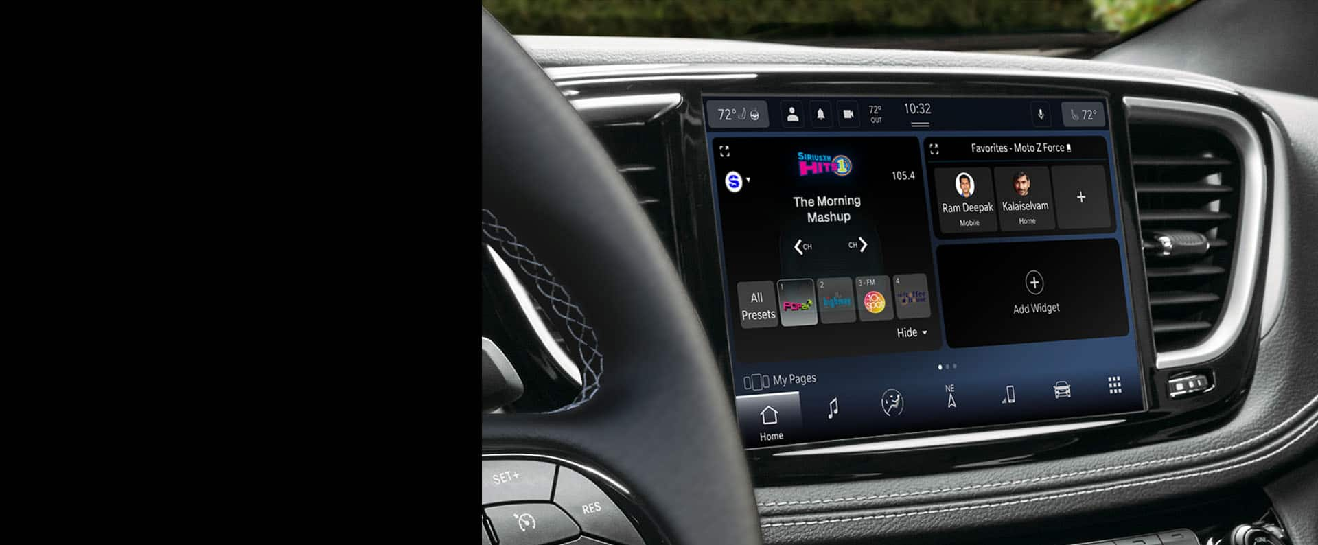 The Uconnect touchscreen in the 2025 Chrysler Pacifica, displaying the current and favorite selections on SiriusXM.