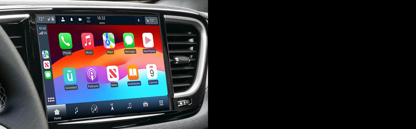 The Uconnect touchscreen in the 2025 Chrysler Voyager displaying Apple CarPlay selections.