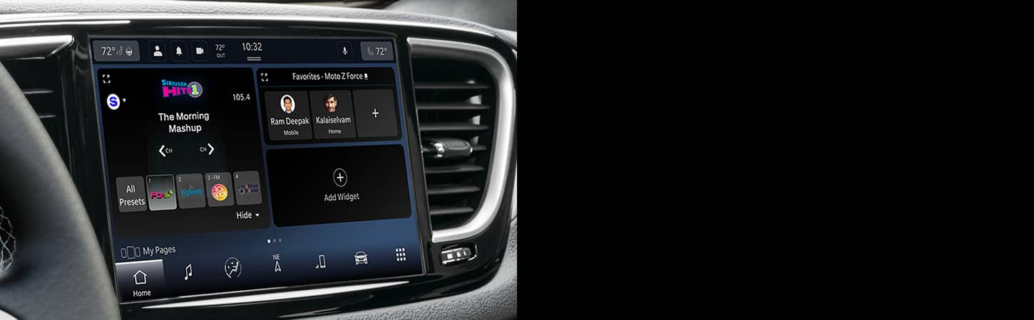 The Uconnect touchscreen in the 2025 Chrysler Voyager displaying SiriusXM selections.