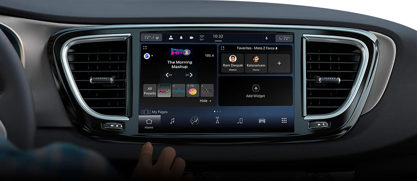 The Uconnect touchscreen in a 2025 Chrysler Voyager LX displaying a radio selection.