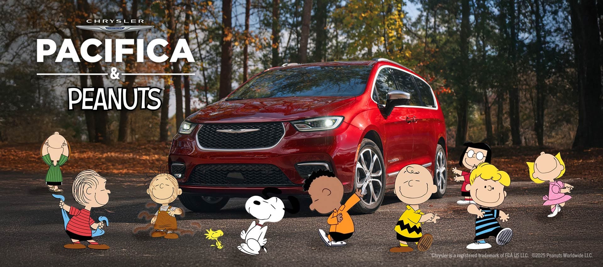 A red 2025 Chrysler Pacifica Pinnacle at a park, with 10 Peanuts cartoon characters dancing around the minivan.