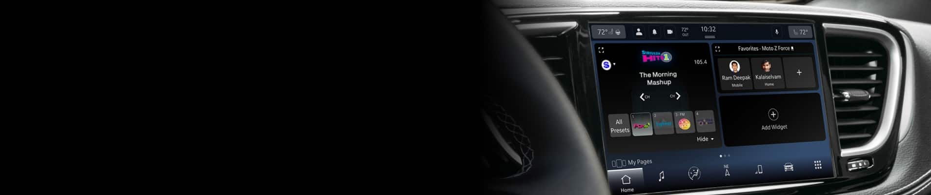 The Uconnect touchscreen in a 2026 Chrysler Pacifica, with the touchscreen displaying a music selection and station information page on SiriusXM.